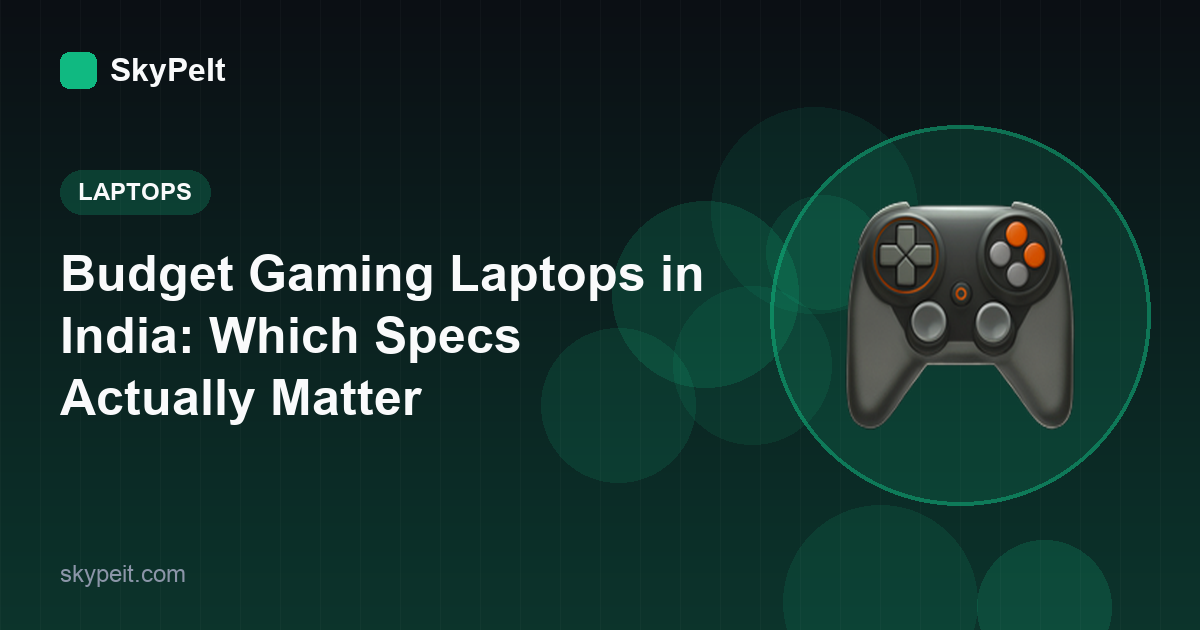 Illustration of a gaming laptop with GPU wattage, VRAM and RAM labels on a dark green background